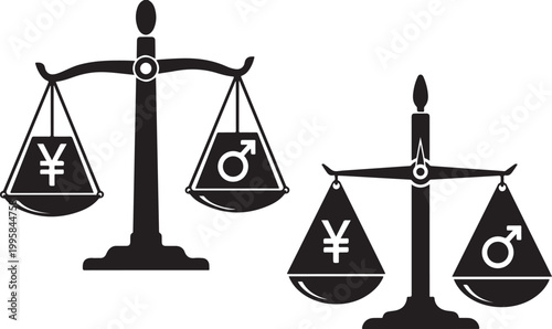 Scales of justice depict gender and financial equality imbalance