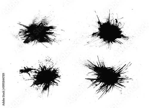 Black ink grunge splash isolated on a white background, Black ink splatter paint design elements. Abstract black in splash, paint, brush strokes, stain grunge isolated on a transparent background.
