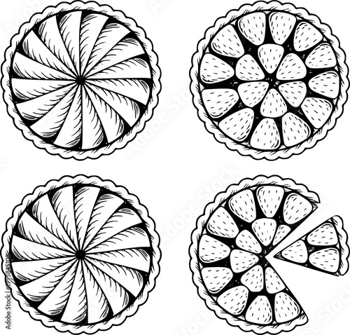 Hand-drawn tarts collection: plain, strawberry, slice missing fruit pastry