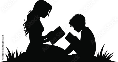 Woman and boy reading books in grass silhouette child