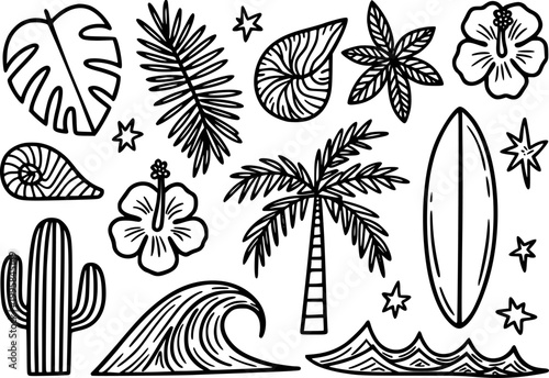 Hand-drawn tropical beach palm tree, surfboard, hibiscus, cactus, shells, waves, leaves, stars