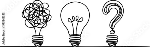 Light bulb concepts: tangled, lit, and question mark, a white background, idea lightbulb