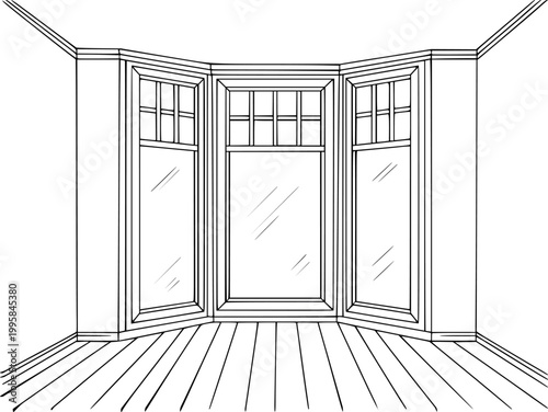 Line of a bay window with paneled upper sections and wooden floorboards interior