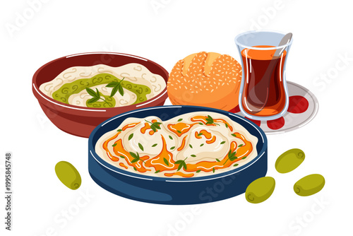 Turkish breakfast with various savory dishes, pogaca, cilbir and tea in a traditional glass. Cartoon illustration for menu design.