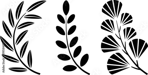 Stylized black botanical branch silhouettes white background