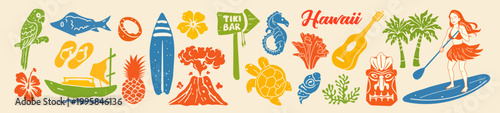Hawaii summer beach print, hand drawn tiki mask illustration, exotic tropical island bar sticker set. Paradise vacation icons, surf girl, palm tree silhouettes. Hawaii summer theme