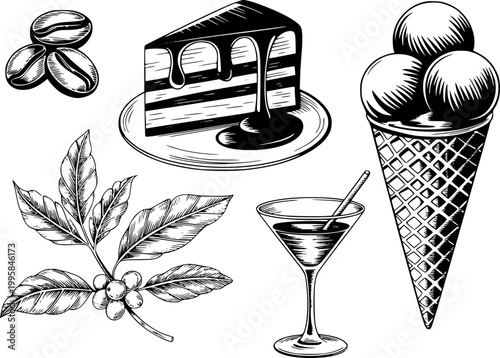 Vintage black and white of coffee beans, cake, ice cream cone, cocktail, and coffee plant