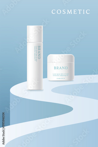 Cosmetics and skin care product ads template on blue geometrical  background.
