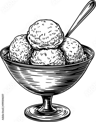 Vintage engraving style ice cream sundae with spoon white background, dessert scoop