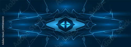 Blue neon digital symmetry, abstract background evokes mirrored circuitry and glowing nodes, sleek futuristic corridor illusion with electric blue glow, subtle motion and depth, immersive metaverse