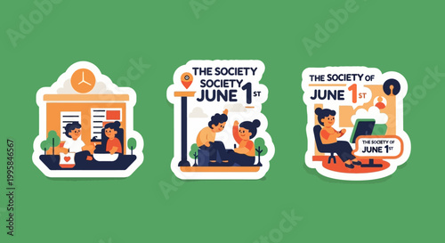 Three Colorful Society Stickers Depicting People Reading and Learning.