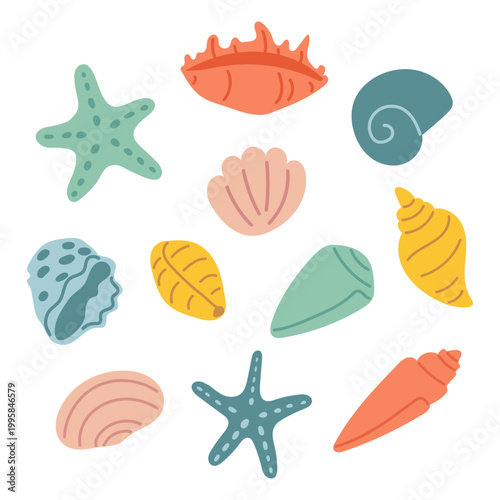 Set of colorful sea shells and starfish in flat vector style. Cute ocean elements isolated on white background, perfect for beach, summer, and marine designs.