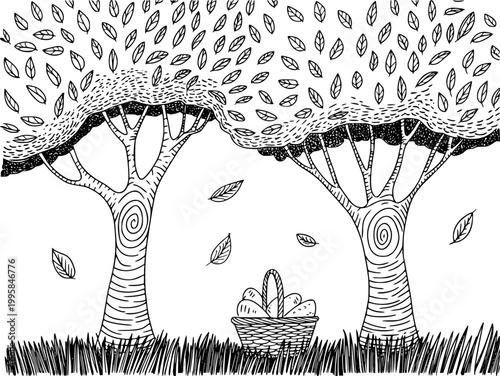 Whimsical hand-drawn autumn scene with trees, falling leaves, and a basket of bread