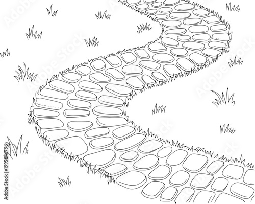 Winding garden stone path with grass, black and white line