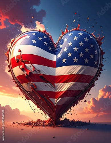 American heart with flames exploding patriotism.