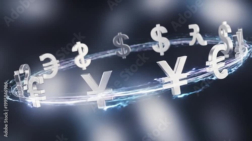 Currency Symbols Orbiting with Energy Stream - Financial Concept.