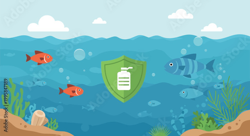 Underwater scene with shield protecting fish and plants from pollution in ocean