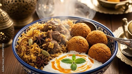 Delicious Uzbek Pilaf with Meatballs and Yogurt Sauce - A Culinary Delight.