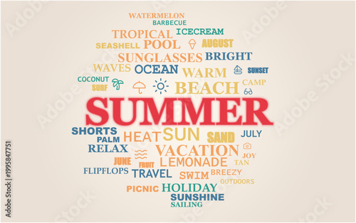 Summer Vacation Word Cloud Vector Illustration featuring animated typography, beach icons, and seasonal concepts like ocean, travel, and tropical holidays in a modern flat design style.
