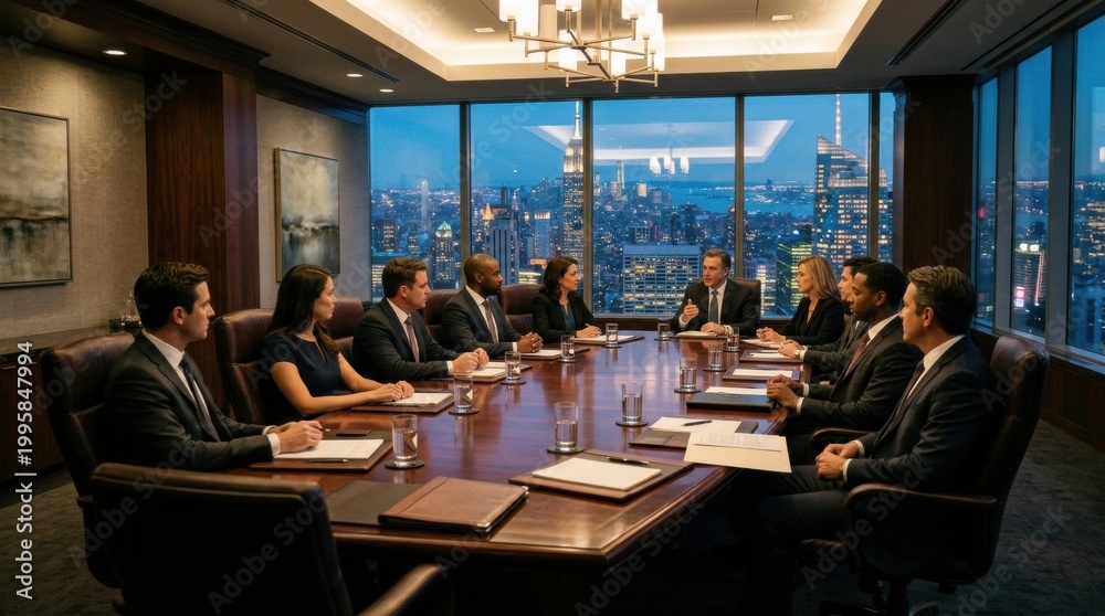 Naklejka premium Meeting of Law Firm Professionals at a Conference in a High-Rise Office With a City View During Evening Hours