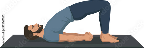 A digital illustration of a bearded man performing the "bridge pose" (Setu Bandhasana) on a yoga mat. He is lying on his back with his knees bent, feet planted on the mat, and hips lifted.