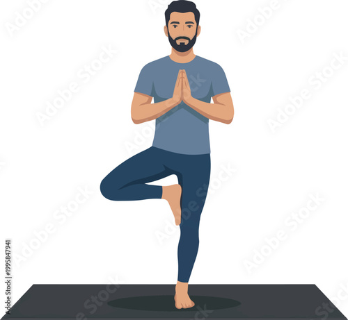 A digital illustration of a bearded man standing on a yoga mat and performing the "tree pose" (Vrksasana), balancing on one leg with the other foot resting against his inner thigh, and his hands press