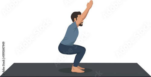 A digital illustration of a bearded man performing the "chair pose" (Utkatasana) on a yoga mat. He is standing with his knees bent as if sitting in an imaginary chair, with his arms extended straight 