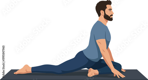A digital illustration of a bearded man performing the "pigeon pose" (Eka Pada Rajakapotasana) on a yoga mat. He is seated with one leg bent forward and the other extended behind him, torso upright.