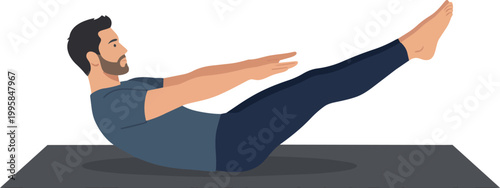 A digital illustration of a bearded man lying on a yoga mat and holding the "boat pose" (Navasana), with his torso and legs lifted, arms extended forward, demonstrating strength and core engagement.