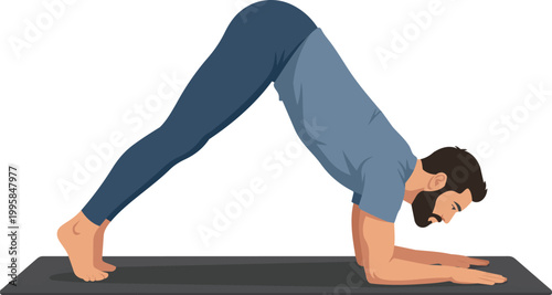 A digital illustration of a bearded man performing the "dolphin pose" (Ardha Pincha Mayurasana) on a yoga mat. He is in a downward-facing dog variation, supporting his upper body on his forearms rathe