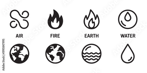 Four Elements Icons Set - Air Fire Earth Water Symbols in Minimalist Style