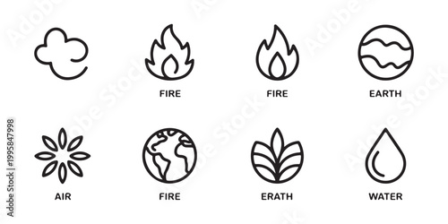 Minimalist Nature Element Icons - Air Fire Earth and Water Symbols