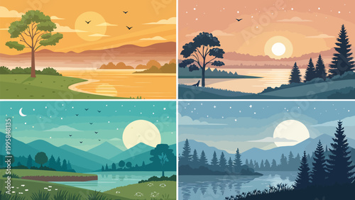 Set of four beautiful landscape illustrations featuring different times of day with sun and moon, mountains, forests, and lakes in a flat vector style
