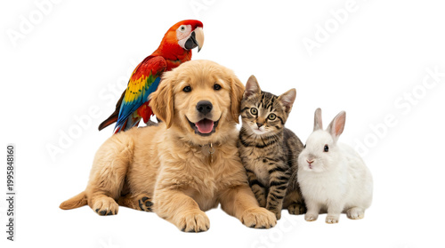 Cute dog cat rabbit and colorful parrot together isolated on transparent background