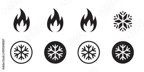 Black and White Fire and Snowflake Symbols for Climate and Temperature