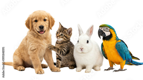 Cute dog cat rabbit and parrot friends together isolated on transparent background