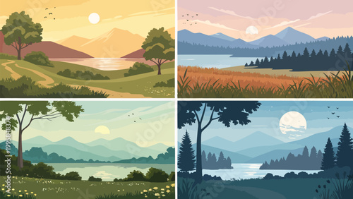 Set of four beautiful landscape illustrations showing different times of day and seasons with mountains, lakes, forests, and fields in flat vector style