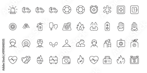 Comprehensive Collection of Emergency Medical and Fire Safety Line Icons