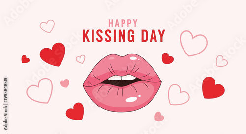 A vibrant illustration of lips surrounded by hearts on Happy Kissing Day