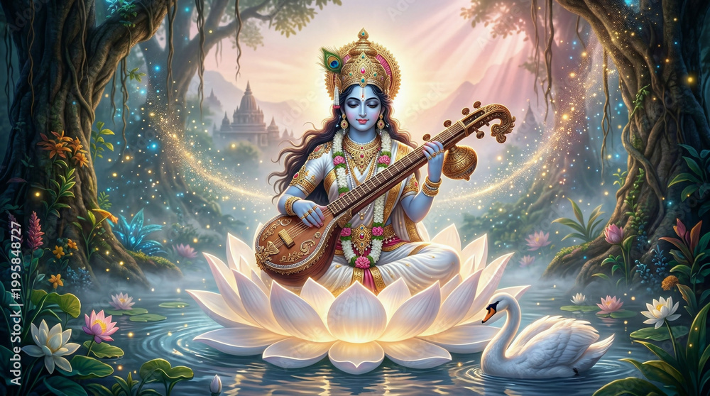 Fototapeta premium Goddess Saraswati, Serene Saraswati playing the veena on a glowing white lotus, soft ethereal morning light, divine realism, hyper-detailed