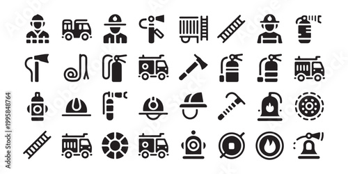 Professional Firefighting and Emergency Service Icons - Black Solid Vector Symbols