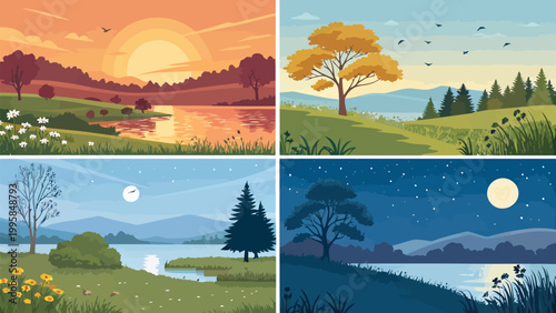 Four seasons and times of day landscape illustrations set nature scenes with sunrise, daytime, evening, and night sky vector flat design backgrounds