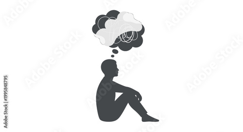 Silhouette of a person deep in thought, with a swirling cloud of confusion and worry above their head, representing mental state and internal struggle