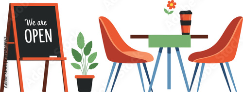 Cozy Cafe or Restaurant Scene with "We Are Open" Sign, Chairs, and Coffee for Hospitality, Dining, and Cafe Designs