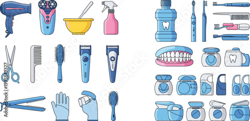 Personal Care and Grooming Tools Including Hair Clippers, Toothbrushes, and Beauty Products for Hygiene and Self-Care Illustrations