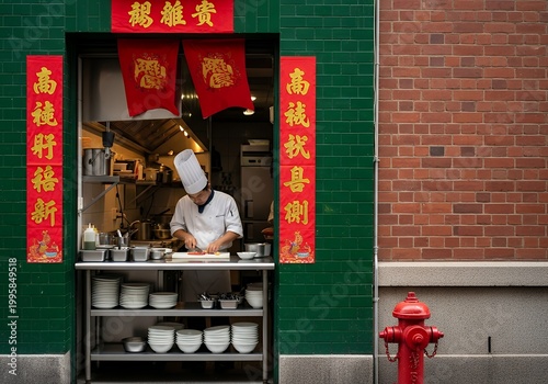 Chef Prepares Food in a Bustling Chinese Restaurant Kitchen Window with Red Banners and Brick Wall.