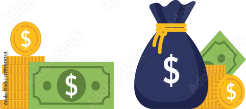 Money and Savings Illustration Featuring Coins, Banknotes, and Money Bags for Finance, Wealth, and Investment Design Concepts