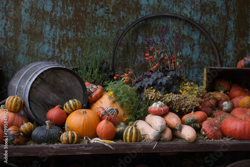 Rustic Autumn Harvest Display with Assorted Pumpkins and Wooden Barrel