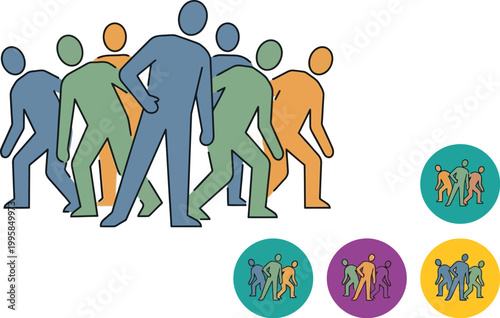 Group of abstract stylized figures walks forward in a conceptual representation of teamwork and forward motion.