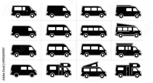 Set of Van Icons: Campervans, Minivans, Passenger Vans, Cargo Vans